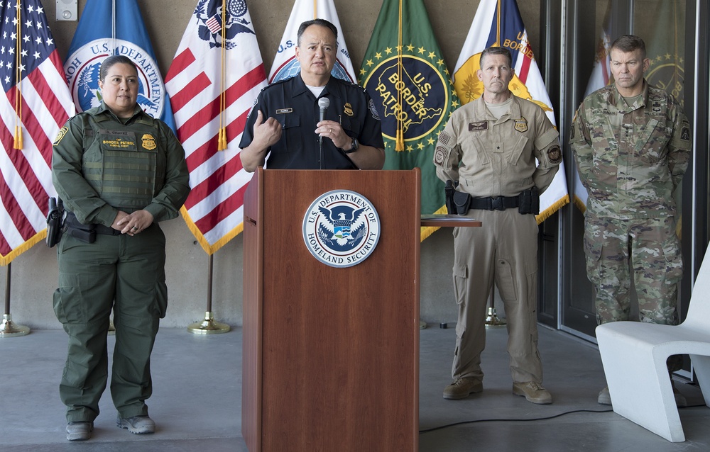 Joint podium briefing in Calexico during a border operations update